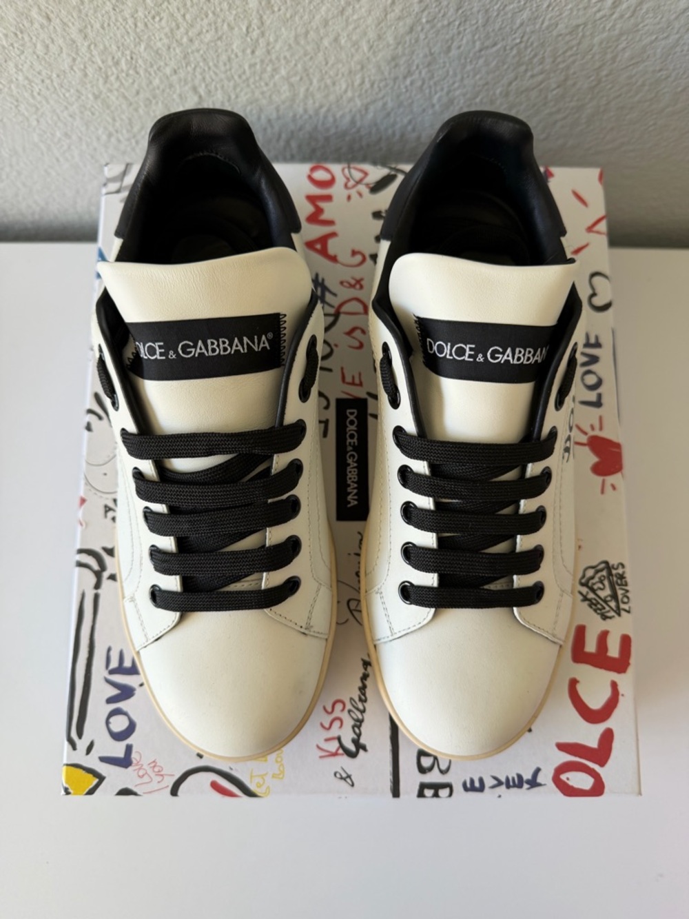 Dolce & Gabbana Cream and Black Low-Top Leather Sneakers